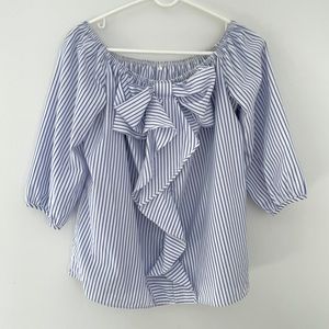 Off the Shoulder Blue/White Stripe Bow Blouse
